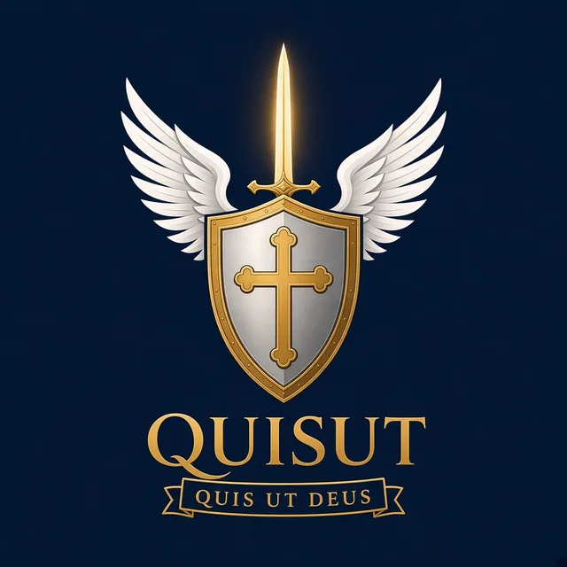 Quisut emblem: winged shield with a gold cross and the motto Quis Ut Deus