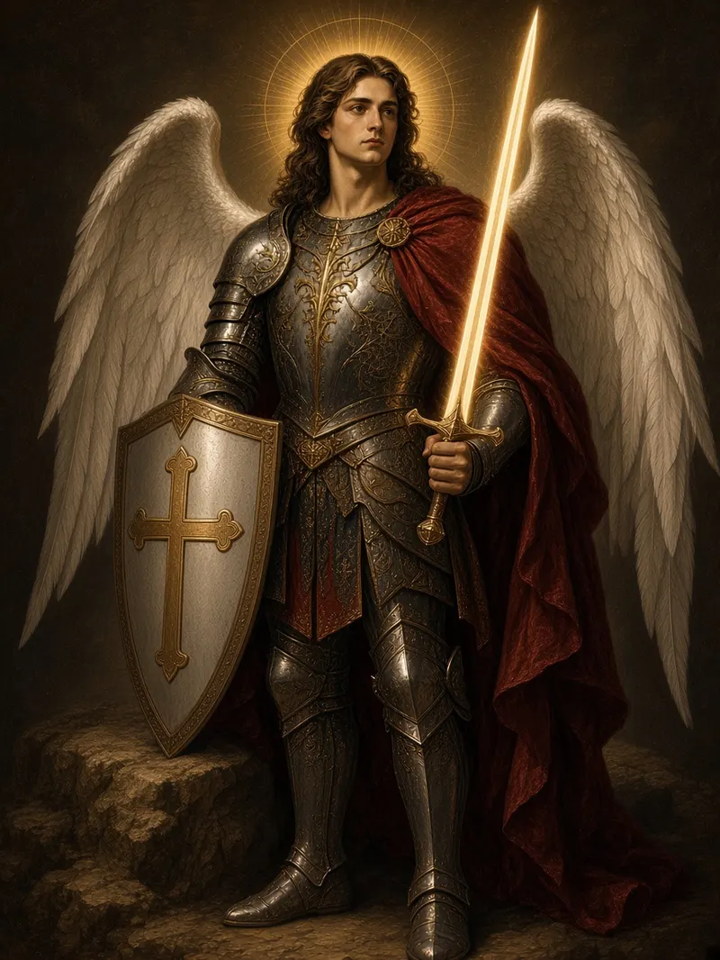 St Michael the Archangel in armour, holding a Templar shield with a gold cross and a sword of light